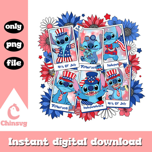 Stitch image 4th of july usa floral png, stitch multi poses png