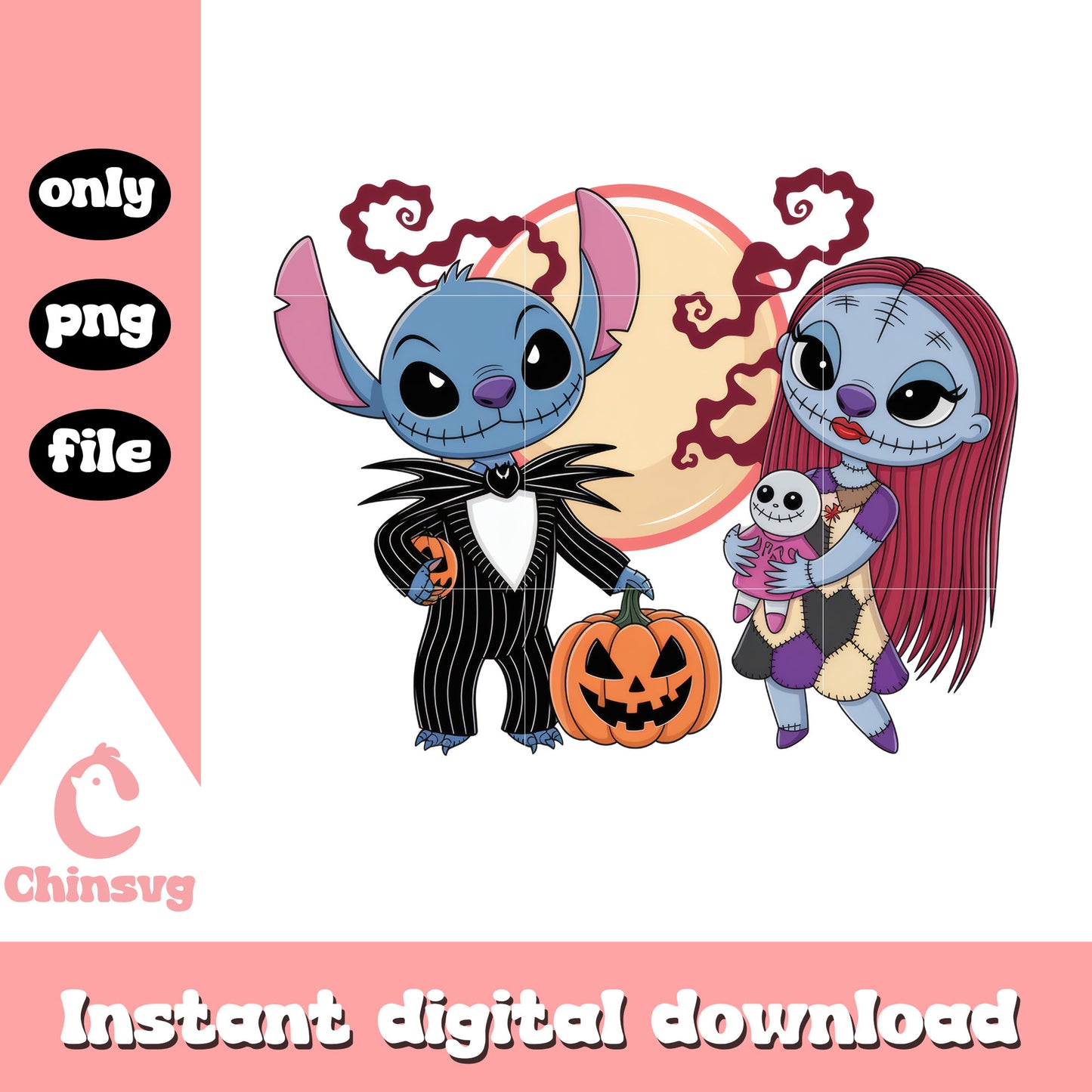 Stitch jack skellington and sally design png, jack and sally png
