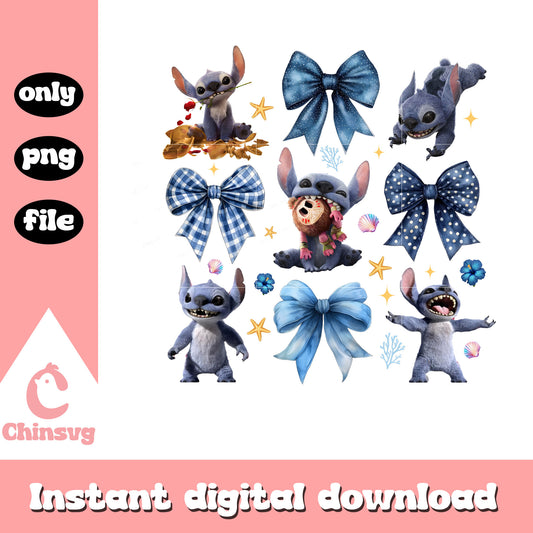 Stitch multi pose and bow tie png, stitch and bow png
