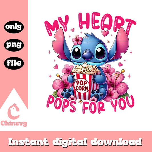 Stitch pink flower popcorn png, stitch valentines day​​ png