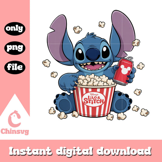 Stitch popcorn and coke png, stitch cinema png, stitch eating png