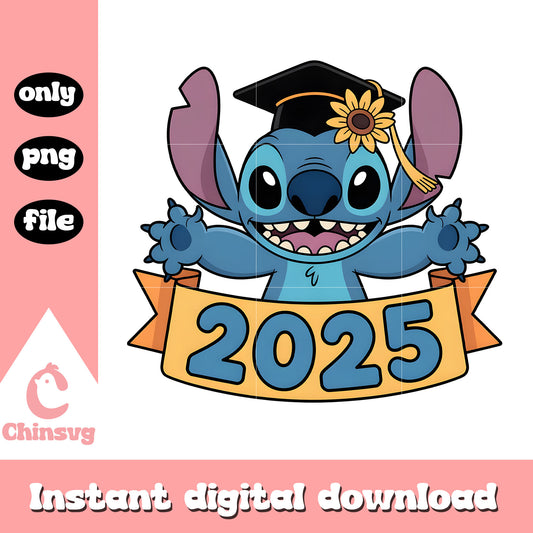 Stitch poster graduation 2025 sunflower png, stitch gruaduation hat png