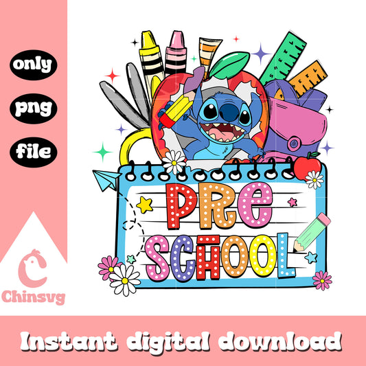 Stitch pre school font design png, cartoon school grade png