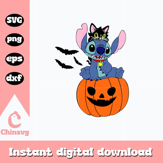 Stitch Black Cat And Pumpkin Svg, halloween Svg, Digital Download