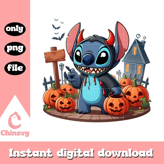 Stitch pumpkin horror halloween design png, stitch halloween png