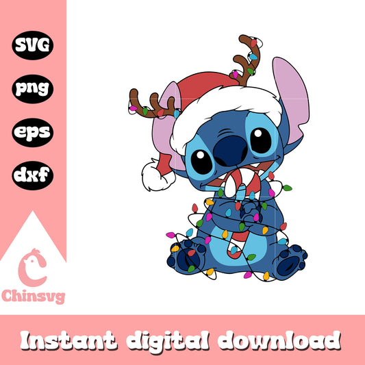 Stitch reindeer christmas lights svg, stitch santa hat​ svg
