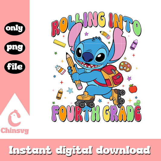 Stitch rolling into fourth grade design png, disney stitch cartoon png