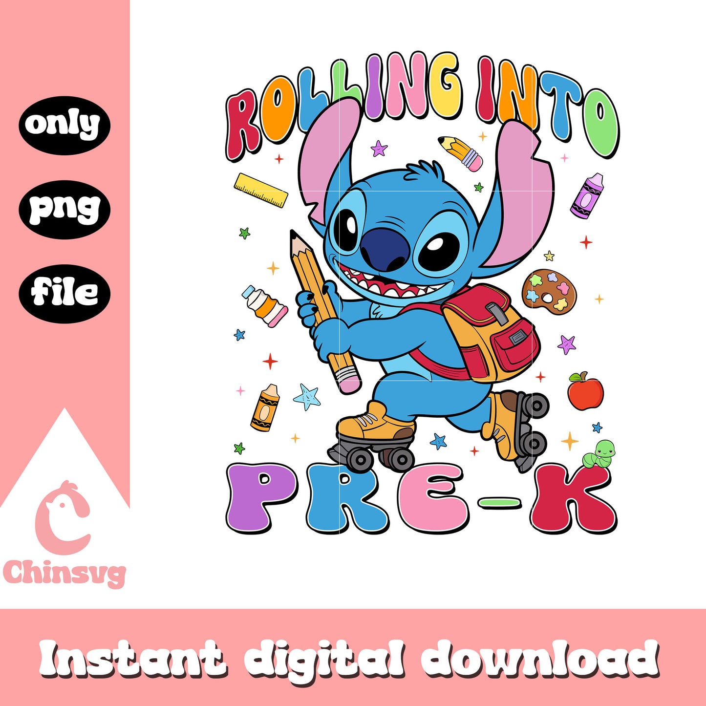 Stitch rolling into pre-k design png, disney stitch character png