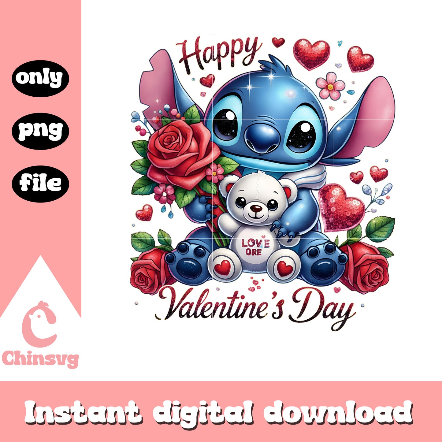Stitch rose bear digital png, stitch valentines day​​​​​​ png