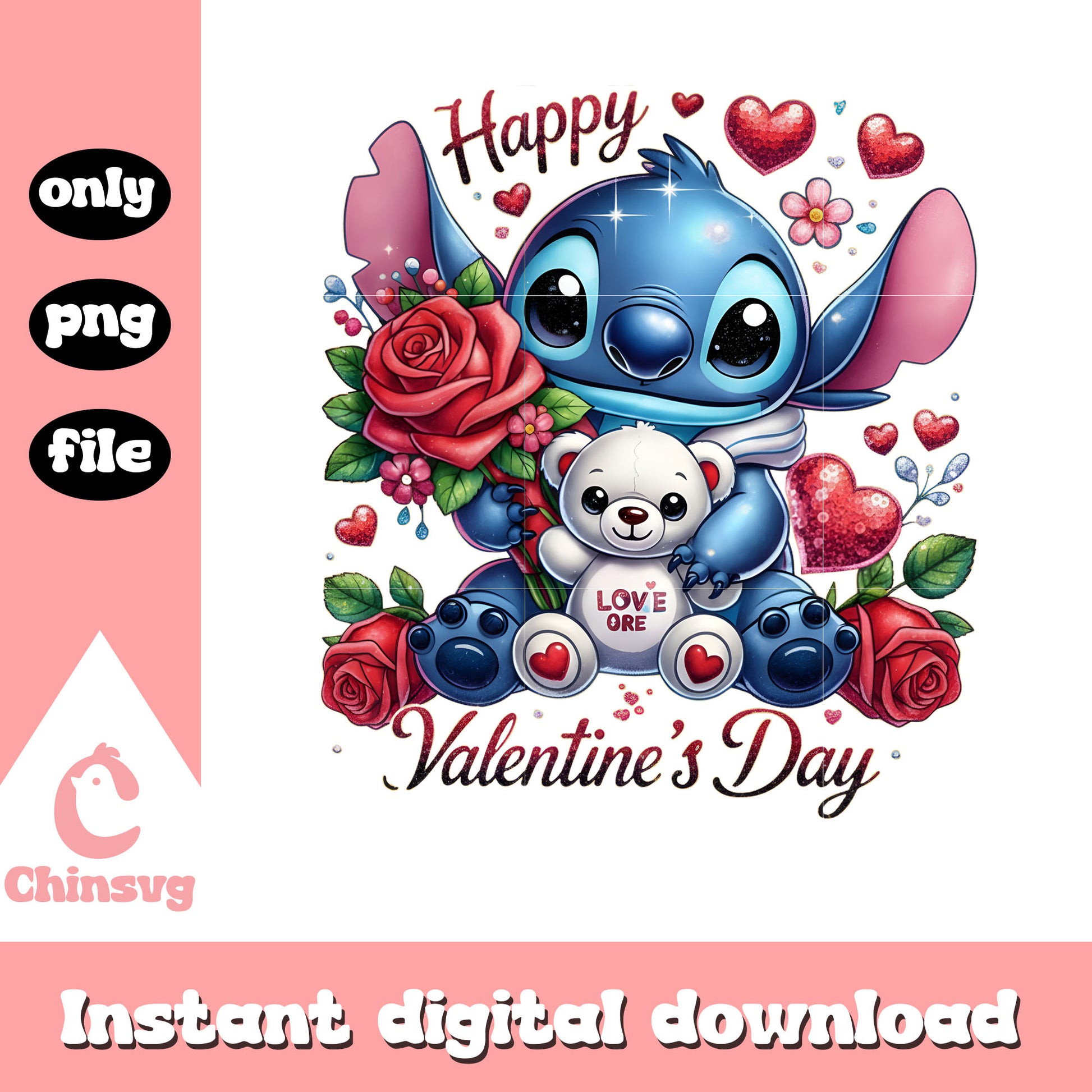 Stitch rose bear digital png, stitch valentines day​​​​​​ png