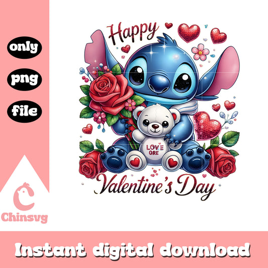 Stitch rose bear digital png, stitch valentines day​​​​​​ png