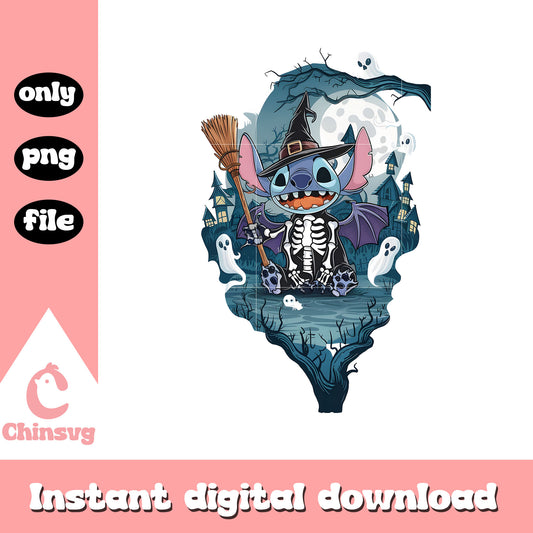 Stitch skeleton halloween vibes design png, halloween stitch png