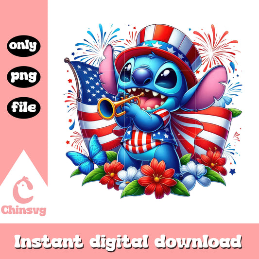 Stitch trumpet independence day png, stitch america flag png