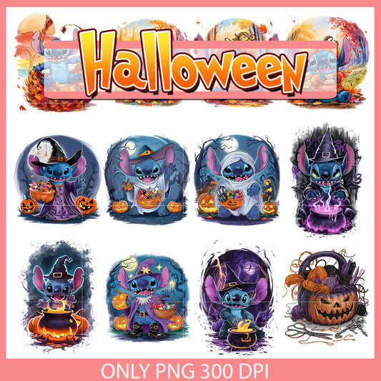 Stitch witch halloween design bundle png, halloween stitch​ png