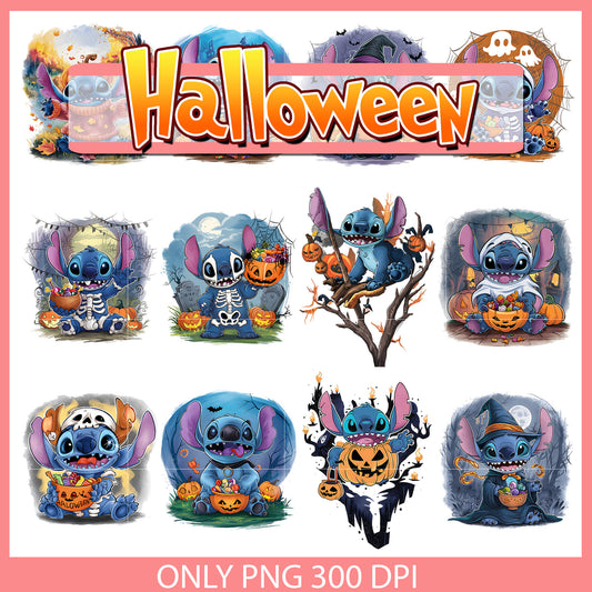 Stitch with pumpkin halloween design bundle png, cute halloween stitch​ png