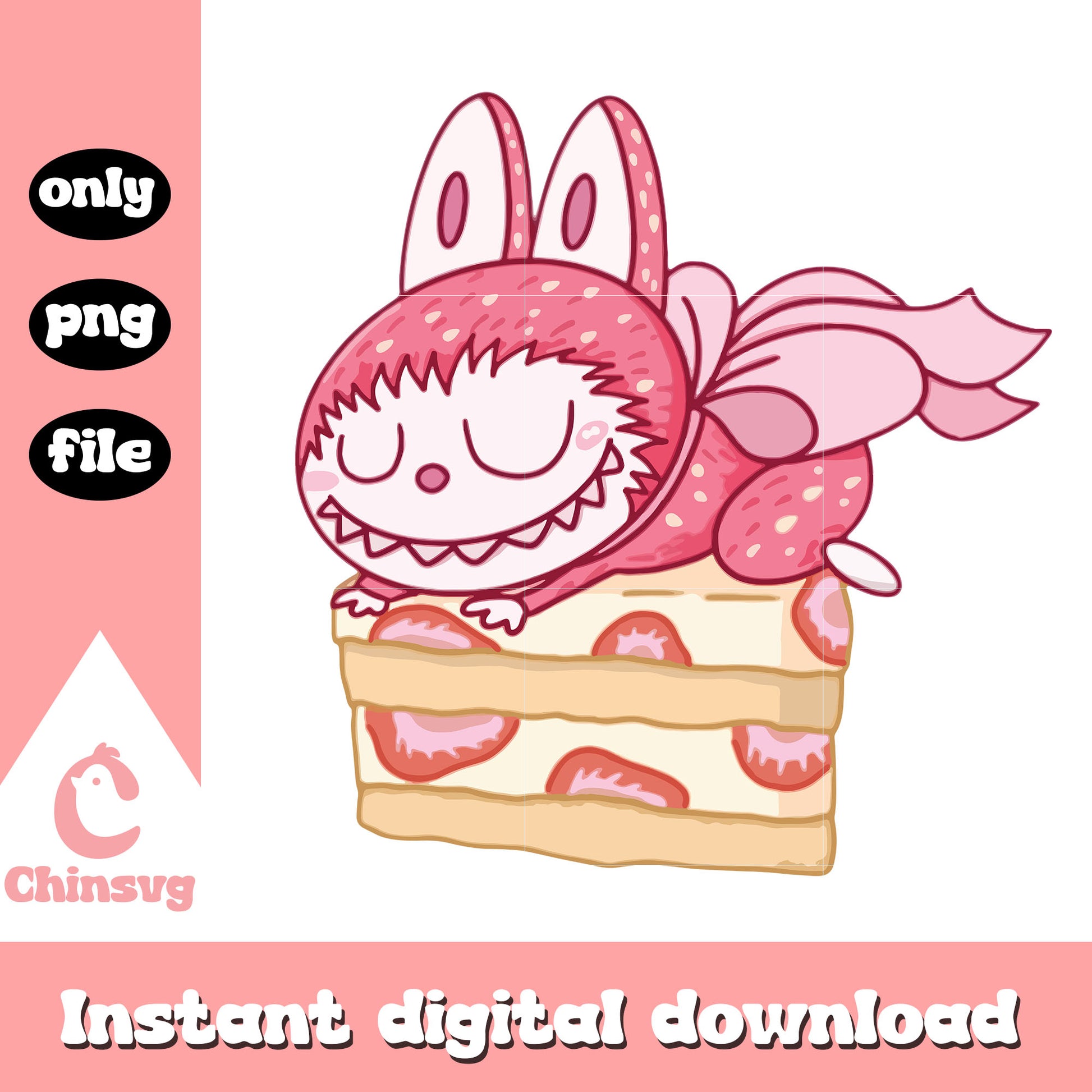 Strawberry cake labubu cute doll design png, cute labubu png