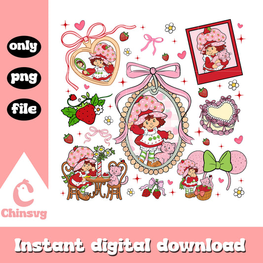 Strawberry shortcake​ mirror bow design png, cute cartoon strawberry​ png