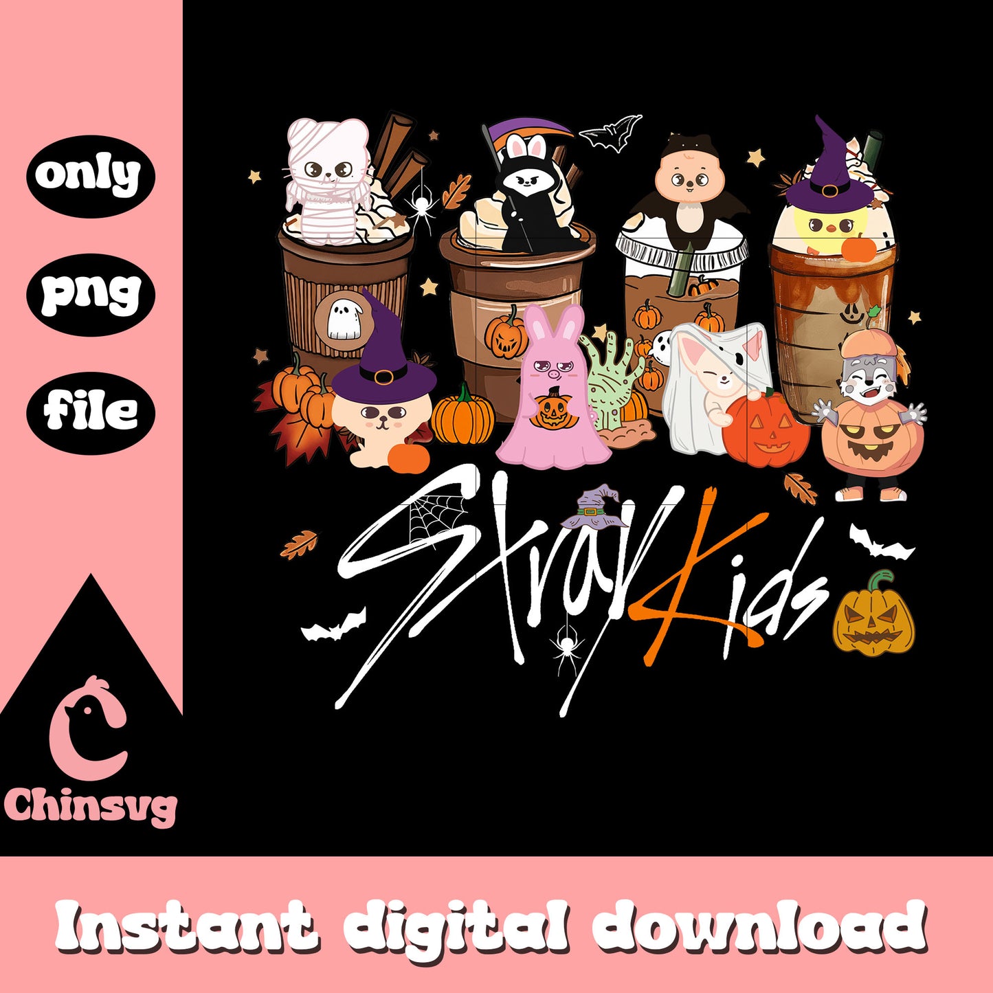 Straykids cartoon characters halloween art png, halloween decor png