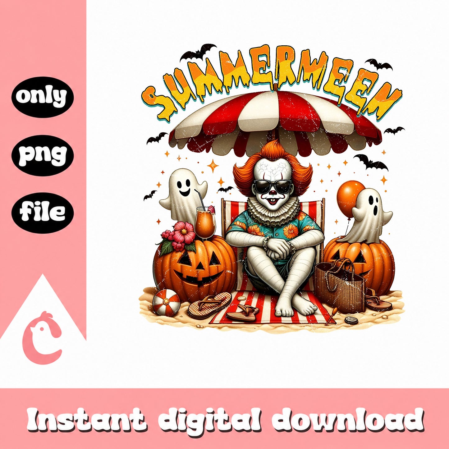 Summerween Clown Beach PNG, Halloween Summer Ghost PNG, Spooky Season PNG