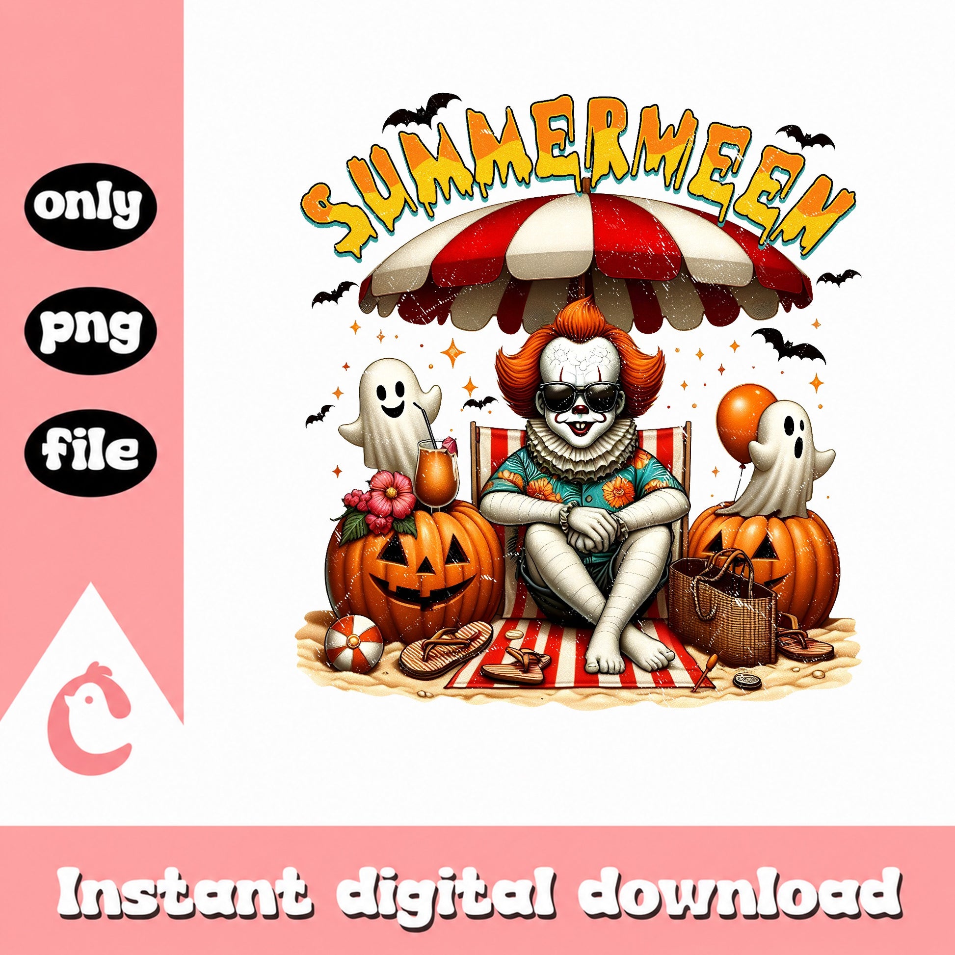 Summerween Clown Beach PNG, Halloween Summer Ghost PNG, Spooky Season PNG