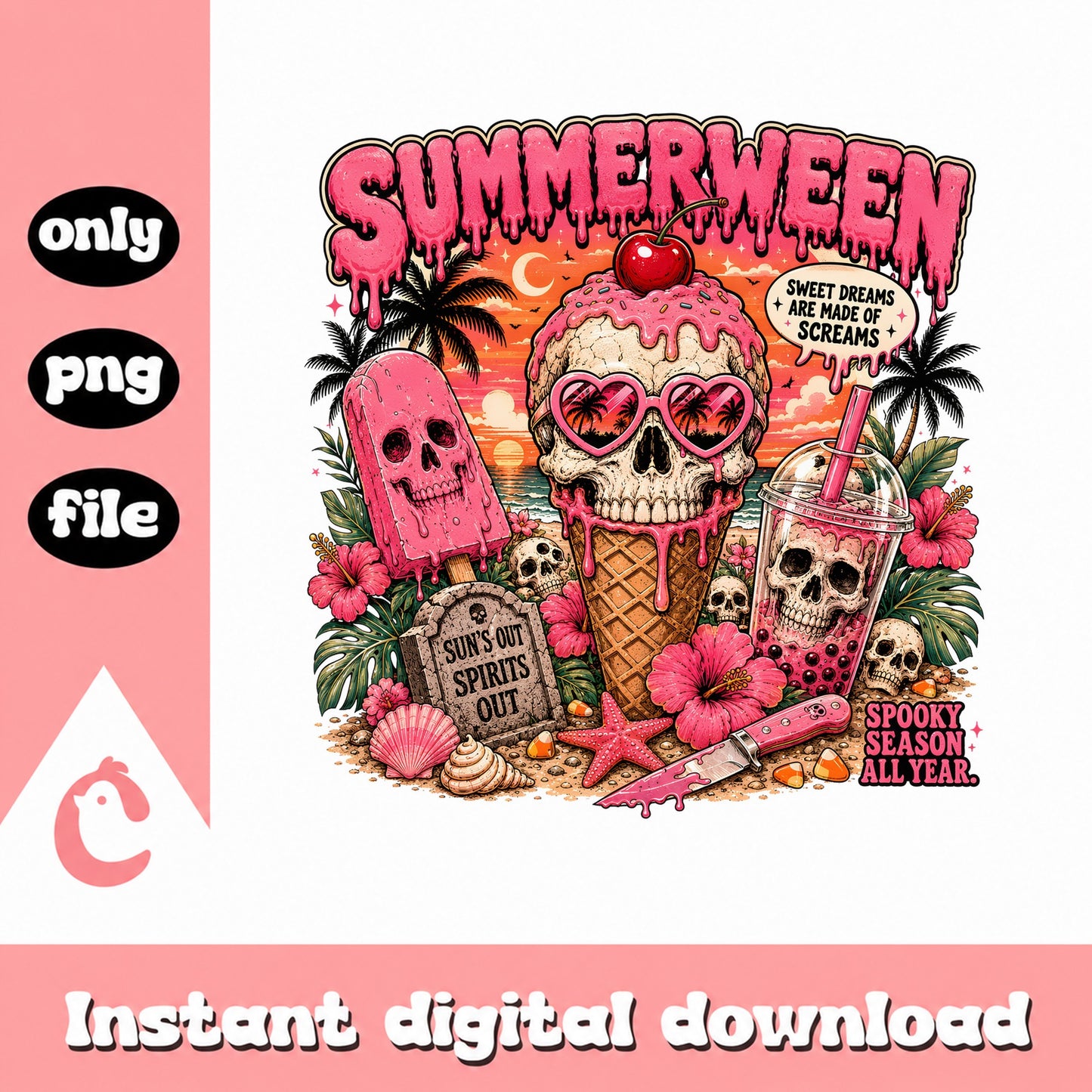 Summerween Skull Ice Cream PNG, Spooky Summer Beach PNG, Halloween PNG