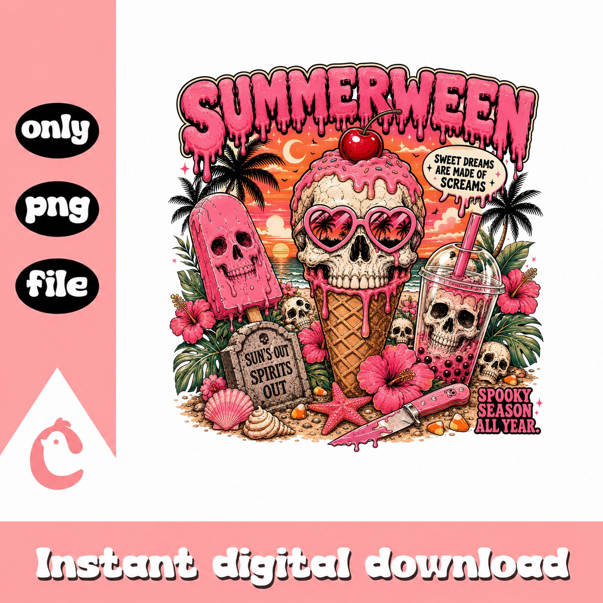 Summerween Skull Ice Cream PNG, Spooky Summer Beach PNG, Halloween PNG