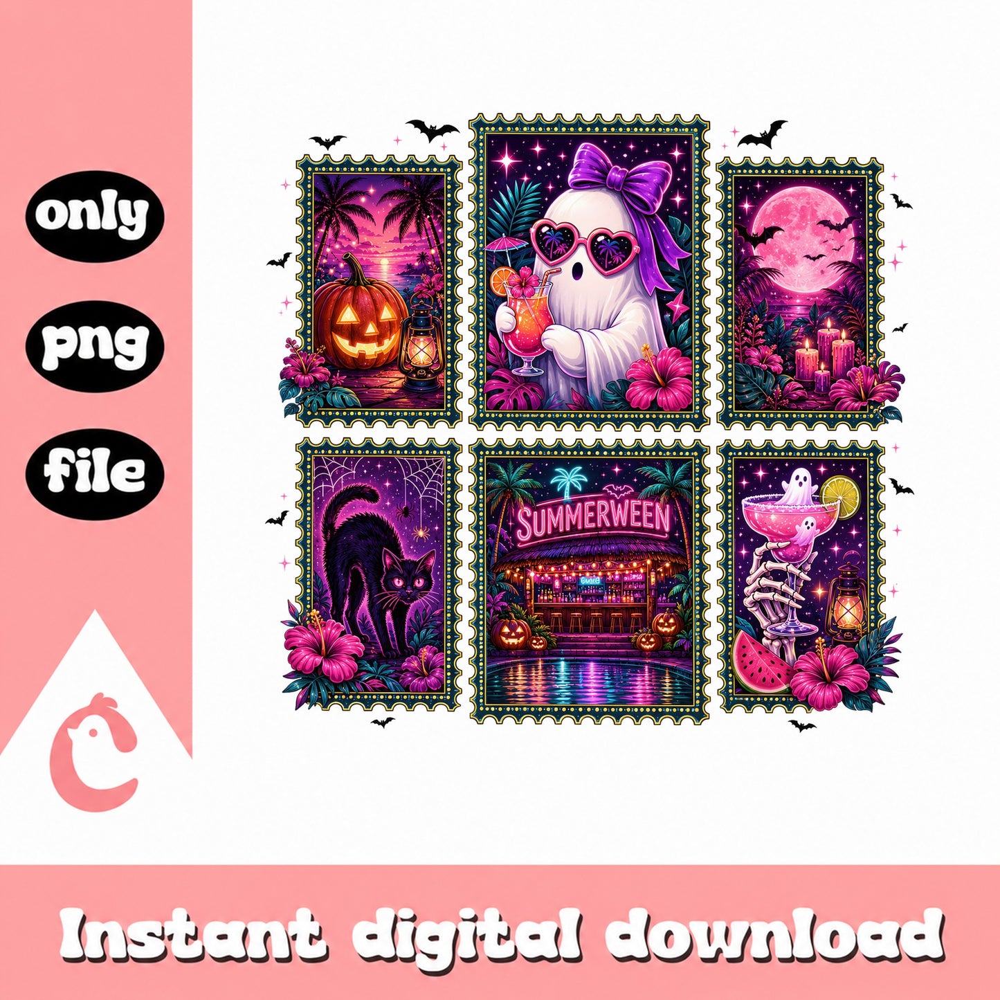 Summerween Stamp Bundle PNG, Halloween Ghost Tropical PNG, Spooky Summer PNG