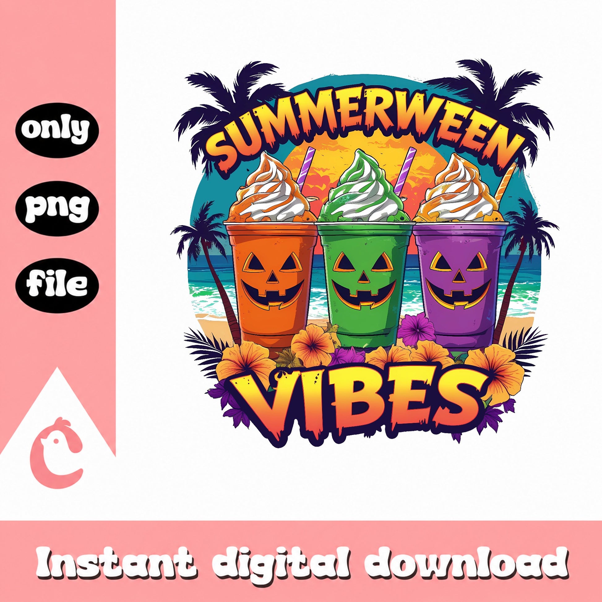 Summerween Vibes PNG, Halloween Summer Beach PNG, Pumpkin Cups PNG