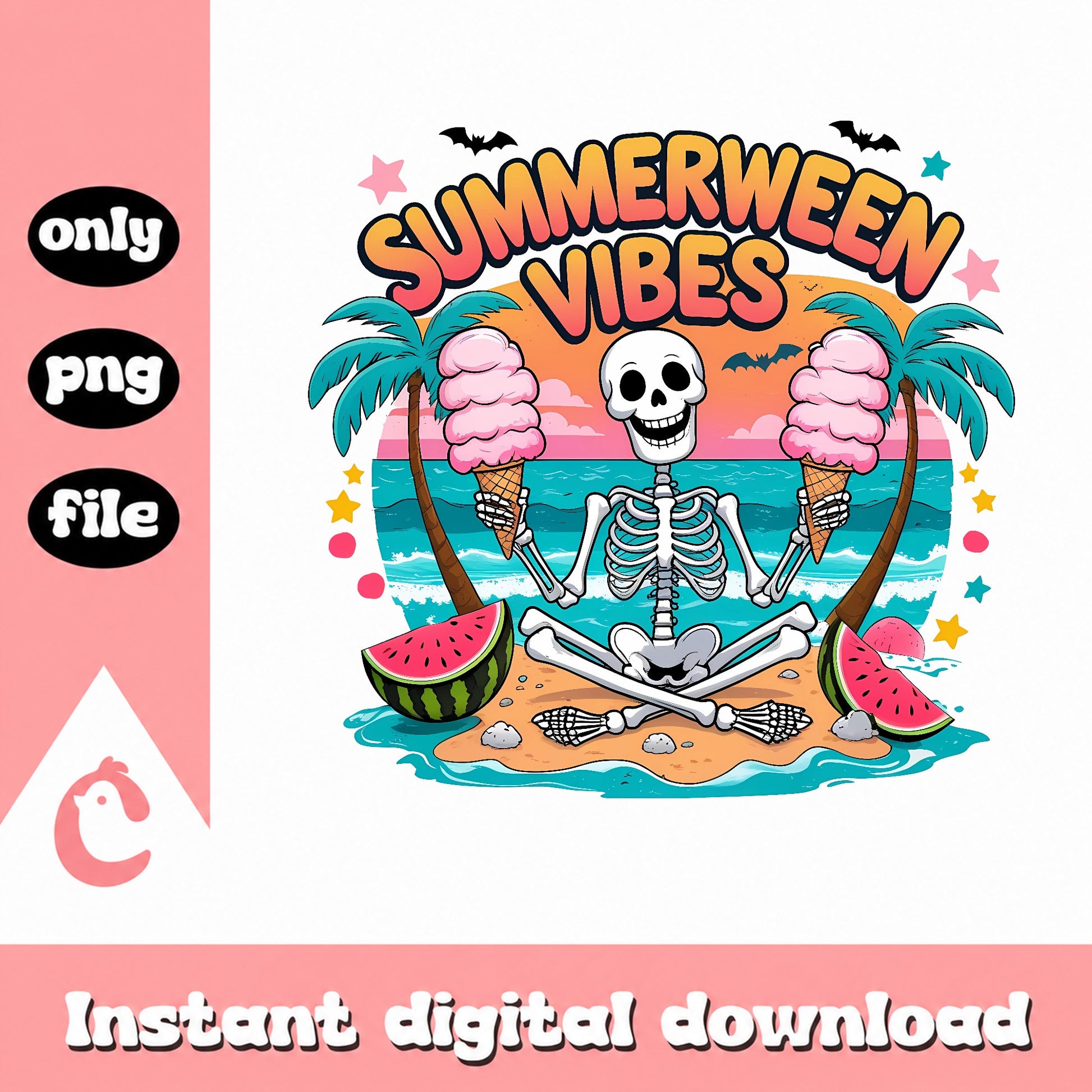 Summerween Vibes Skeleton Beach PNG, Halloween Summer PNG, Retro Skeleton PNG
