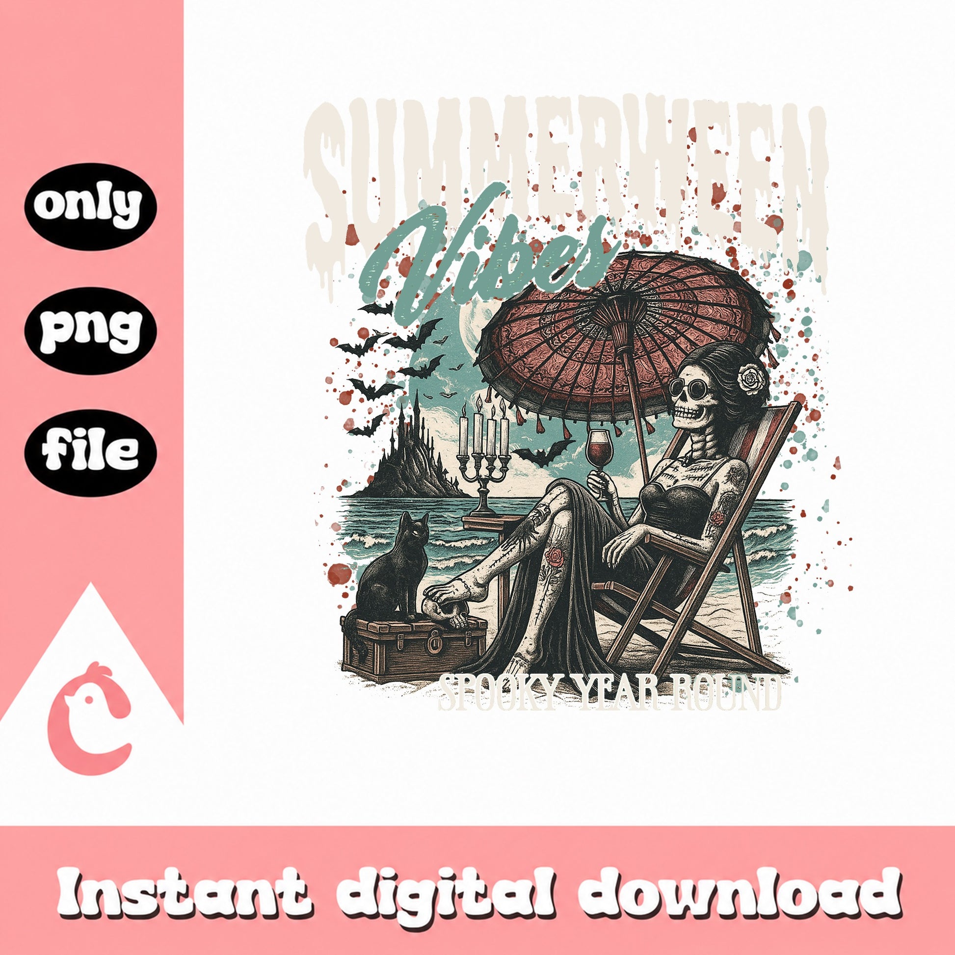 Summerween Vibes Skeleton Beach PNG, Spooky Summer PNG, Halloween PNG