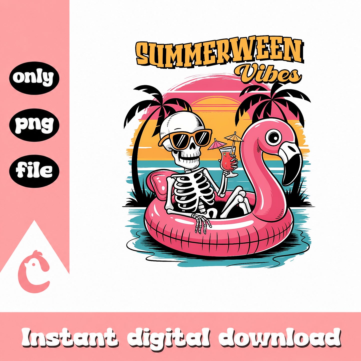 Summerween Vibes Skeleton Flamingo PNG, Summer Halloween PNG, Skull Beach PNG