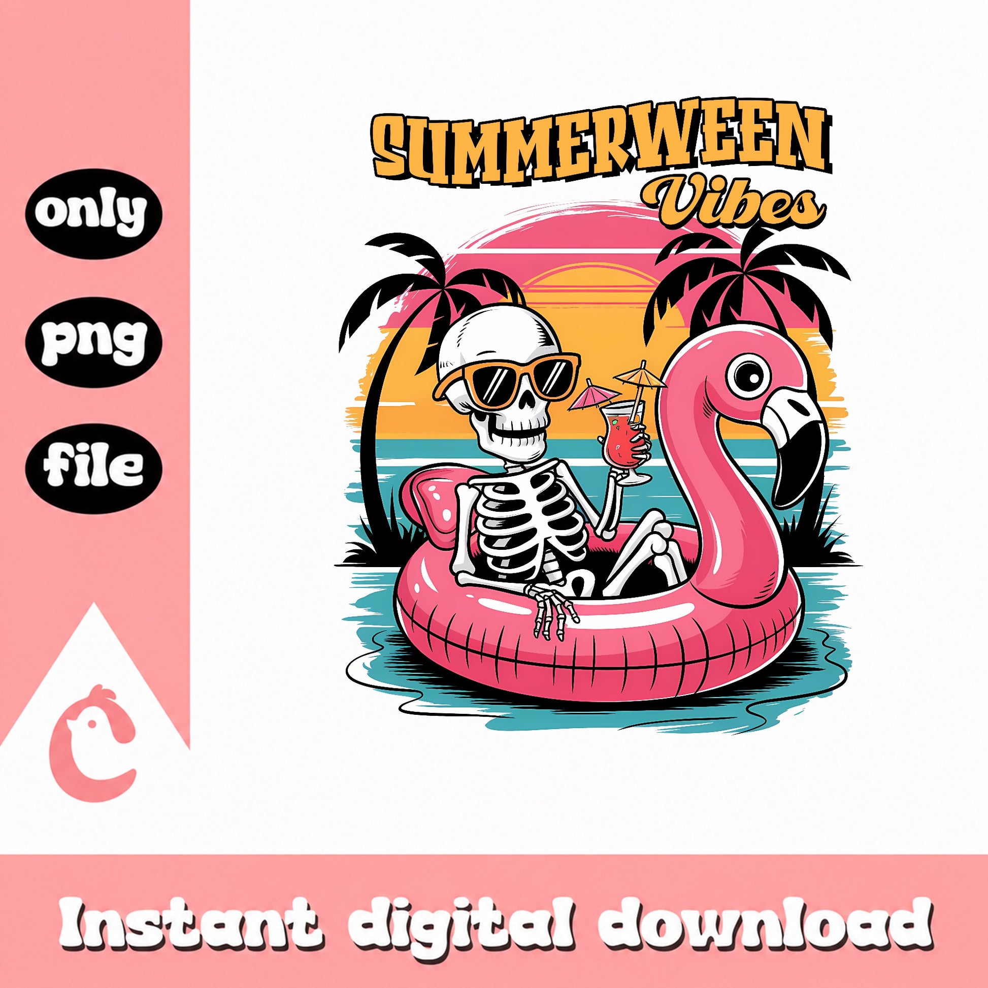 Summerween Vibes Skeleton Flamingo PNG, Summer Halloween PNG, Skull Beach PNG