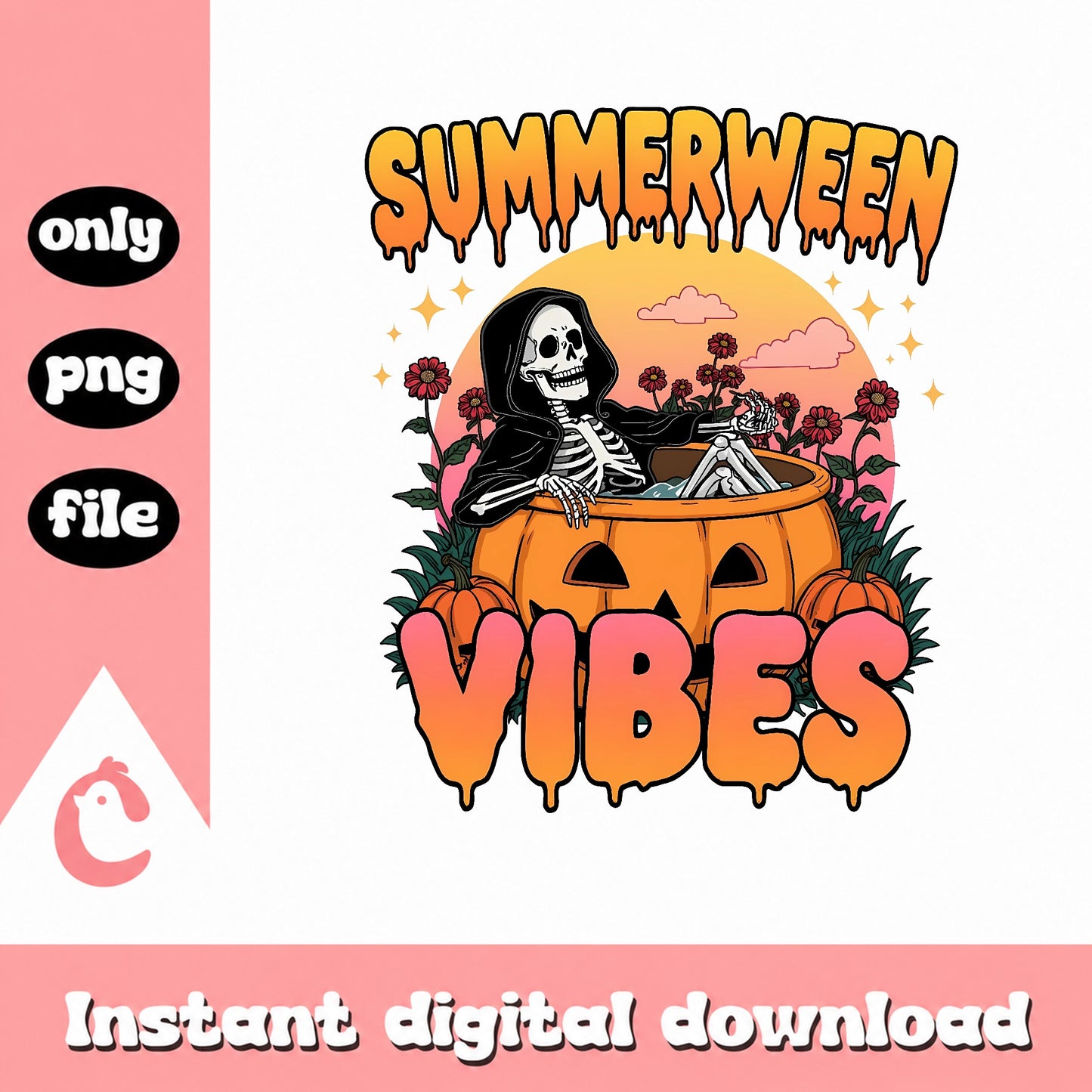 Summerween Vibes Skeleton PNG, Halloween Pumpkin PNG, Spooky PNG