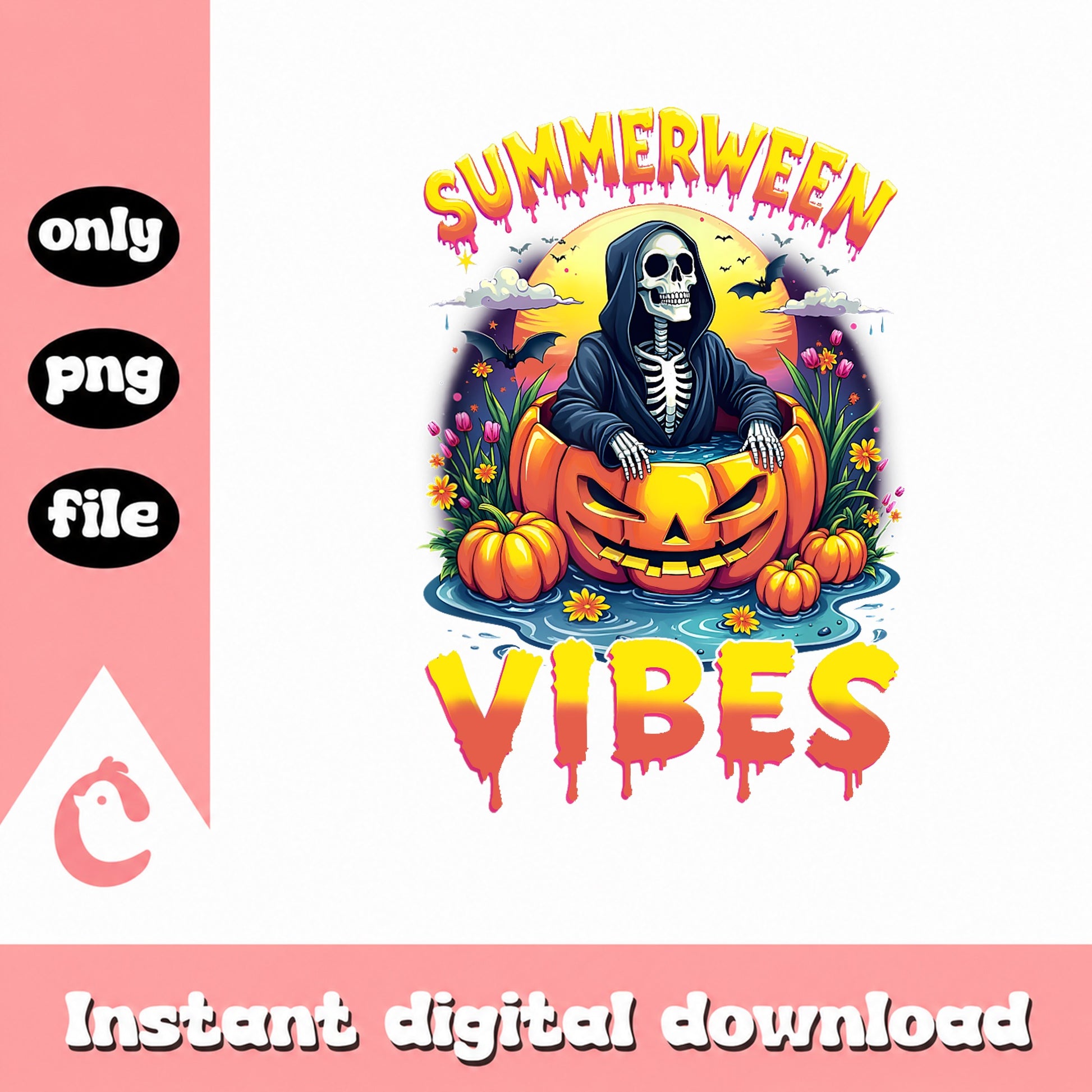Summerween Vibes Skeleton PNG, Halloween Pumpkin PNG, Spooky Summer PNG