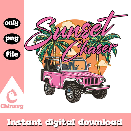 Sunset chaser pink car design png, sunset png, summer vacation png
