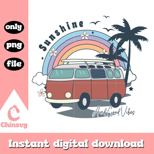 Sunshine and good vibes design png, hippie van​ png, summer vibe​ PNG