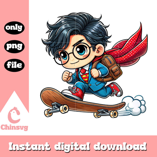 Superman skateboarding to school design png, superman character png