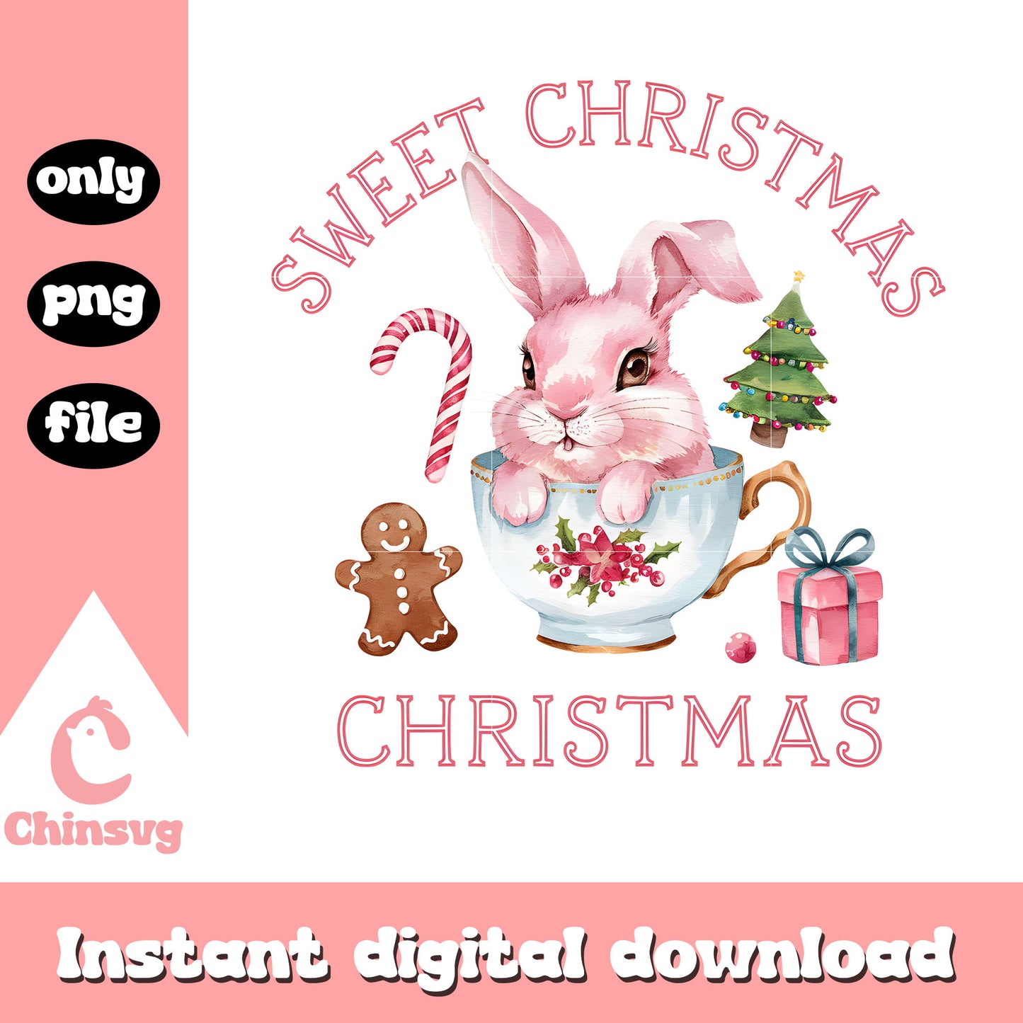 Sweet christmas large pink bunny design png, ornament xmas png