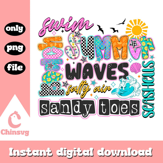 Swim summer waves quote design png, summer vibes quotes​ png