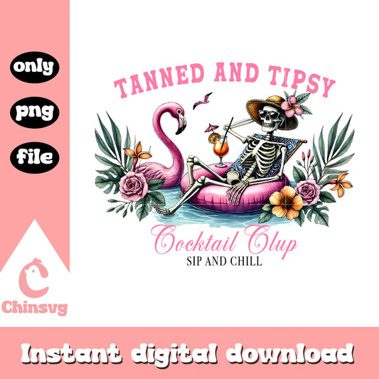 Tanned and tipsy cocktail club design png, skeleton drawing png