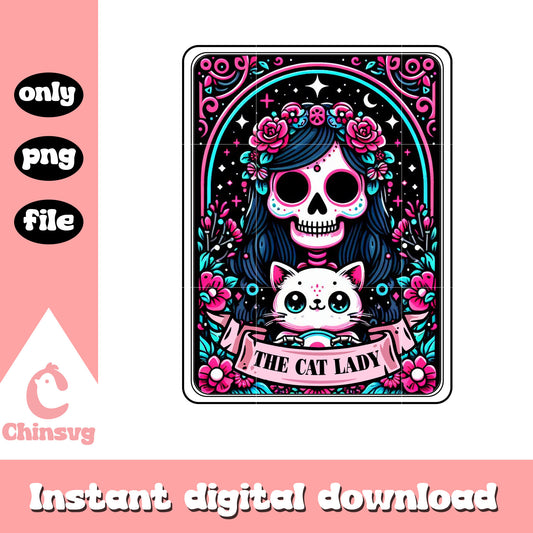 Tarot card the cat lady floral png, skeleton tarot cards png