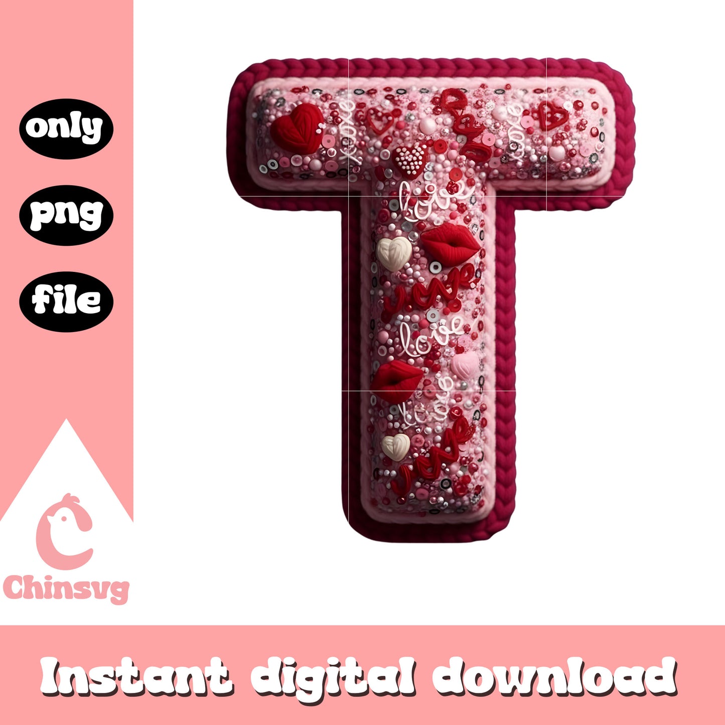 T crochet valentine rose png, valentine's day alphabet​ png