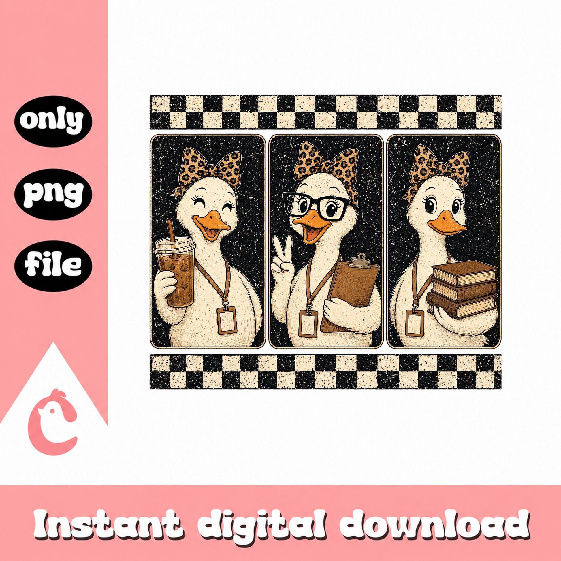 Teacher Duck PNG Bundle, Leopard Print Bow, School Clipart PNG