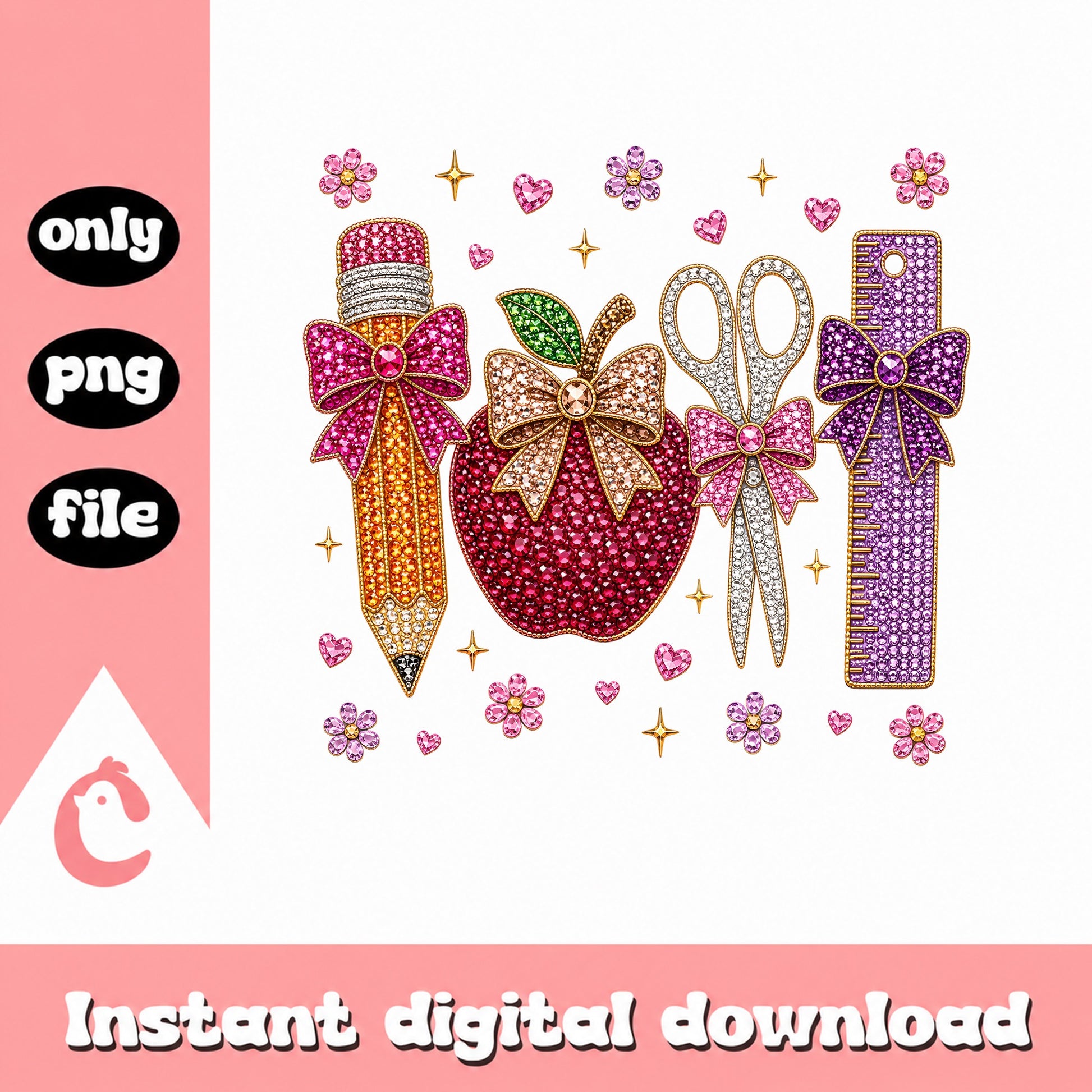 Teacher School Supplies PNG, Glitter Pencil Apple Ruler, Back To School PNG