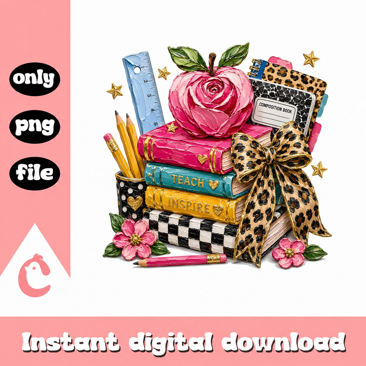 Teacher Teach Inspire Leopard Bow Books PNG, Apple PNG, Back To School PNG
