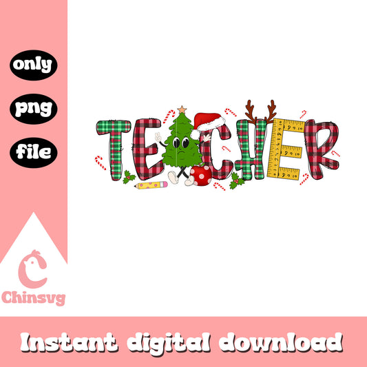 Teacher christmas tree font design png, merry christmas teacher png