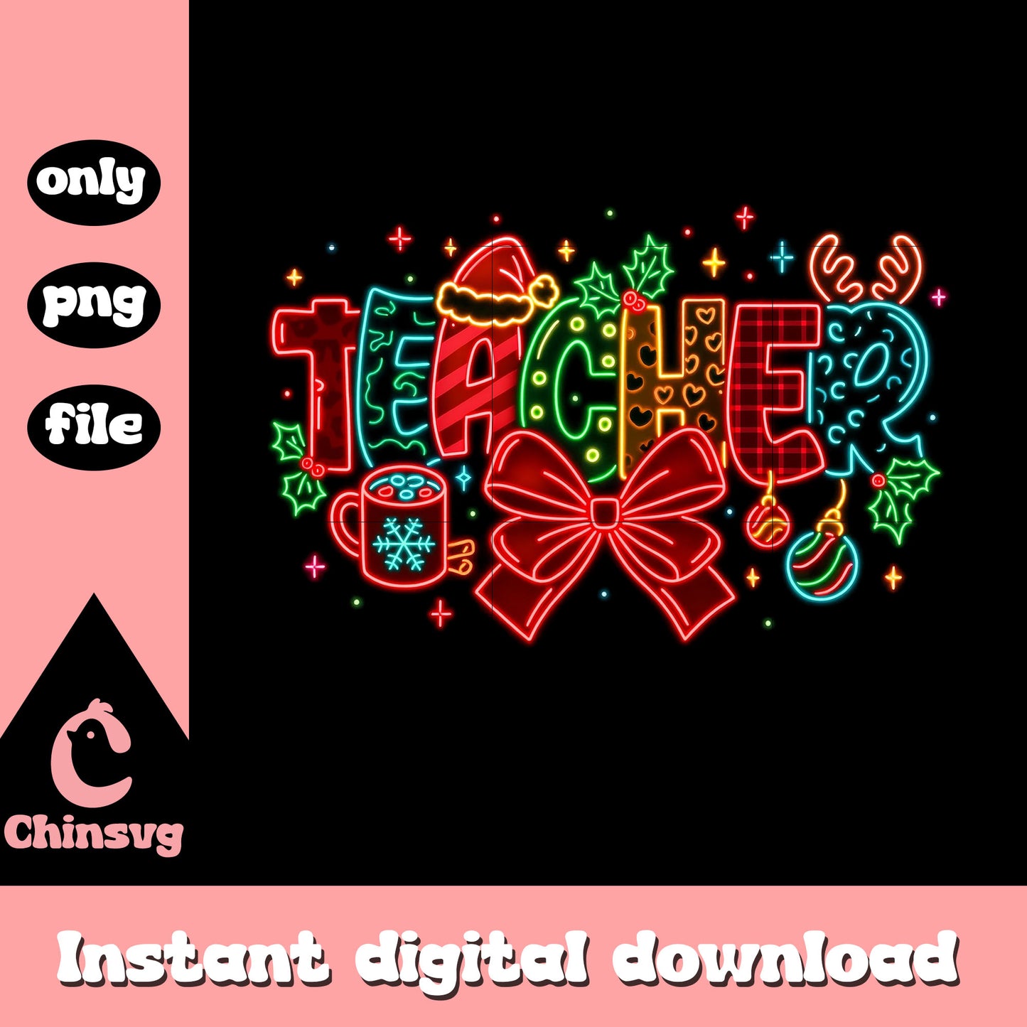 Teacher coquette bow christmas neon png, teacher christmas png
