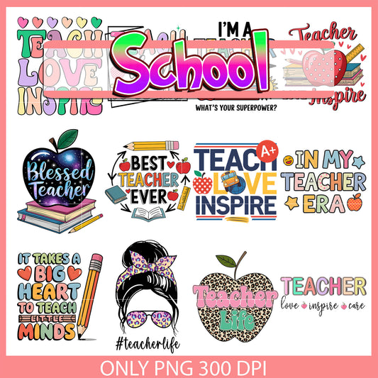 Teacher love inspire bundle png, teacher life​ png, school png
