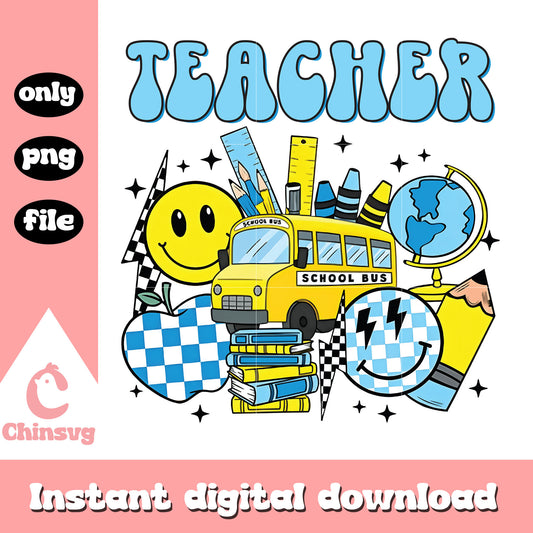 Teacher school bus clipart design png, back to school png