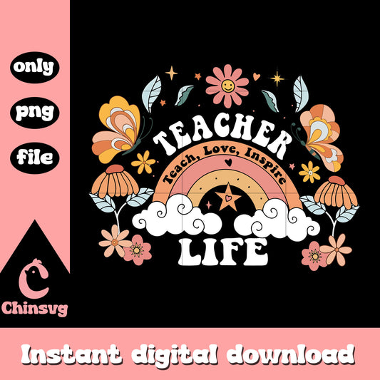Teacher teach life love inspire design png, back to school png